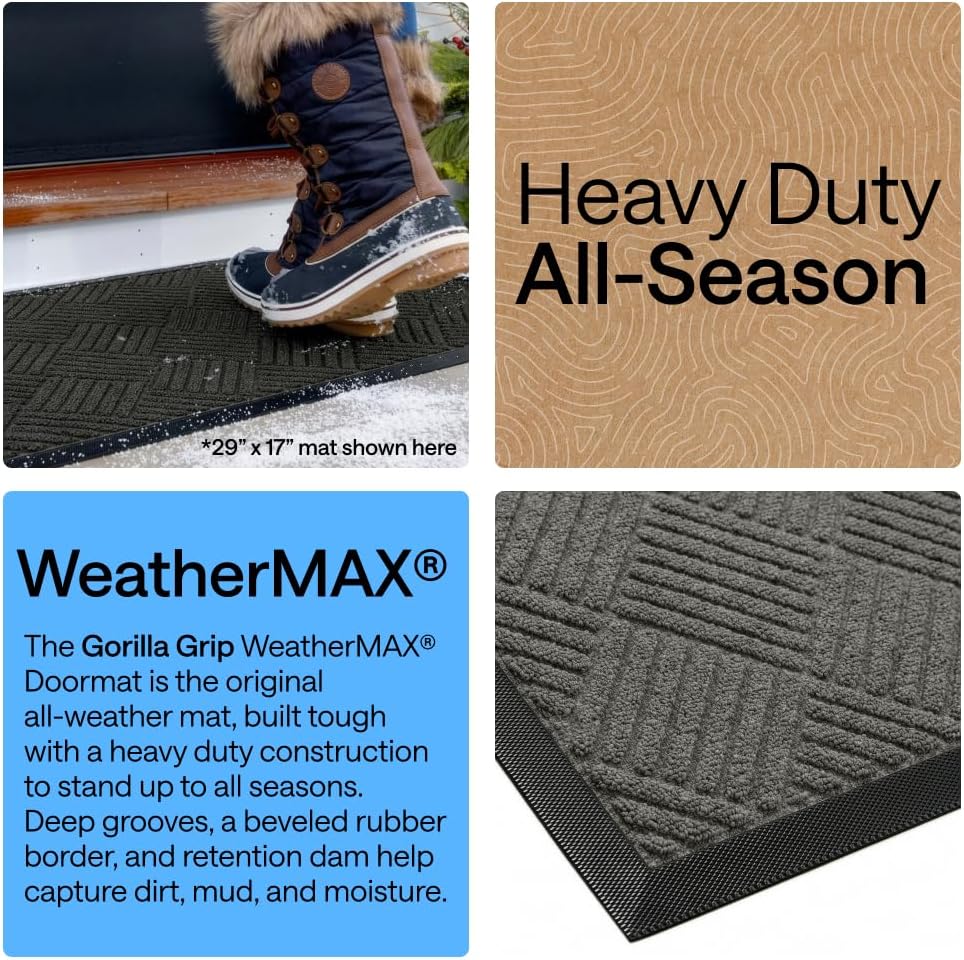 GORILLA GRIP 100% Waterproof All-Season WeatherMAX Doormat US Designed Natural Rubber, Stain Fade Resistant, Low Profile Indoor Outdoor Door Mats, Easy Clean, 29x17 Gray Diamond