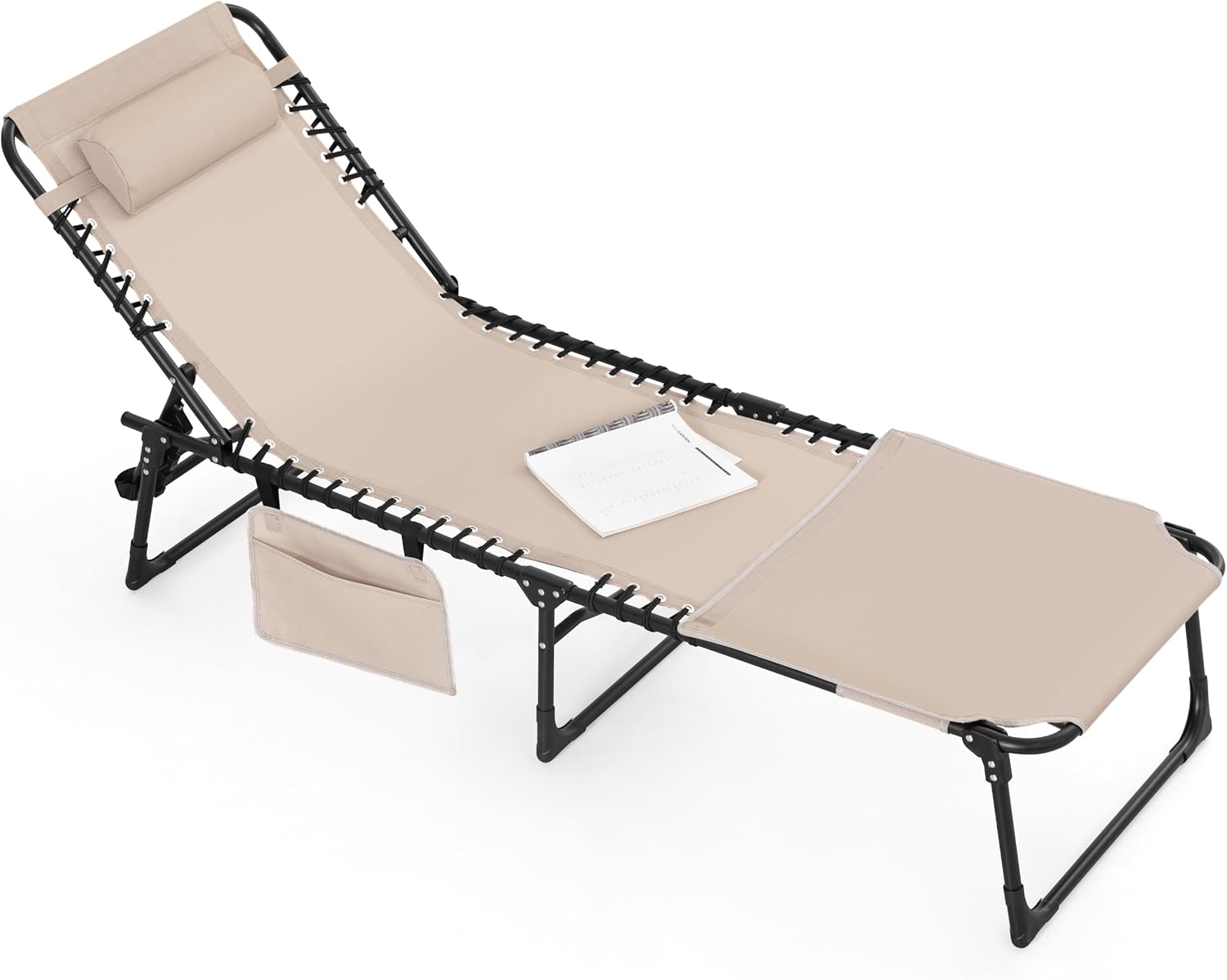 NUU GARDEN Outdoor Foldable Chaise Lounge Chairs, Tanning Chair with Face Hole and Pillow 5-Position Reclining Oxford Fabric - Portable for Beach, Poolside, Patio Camping (Khaki)