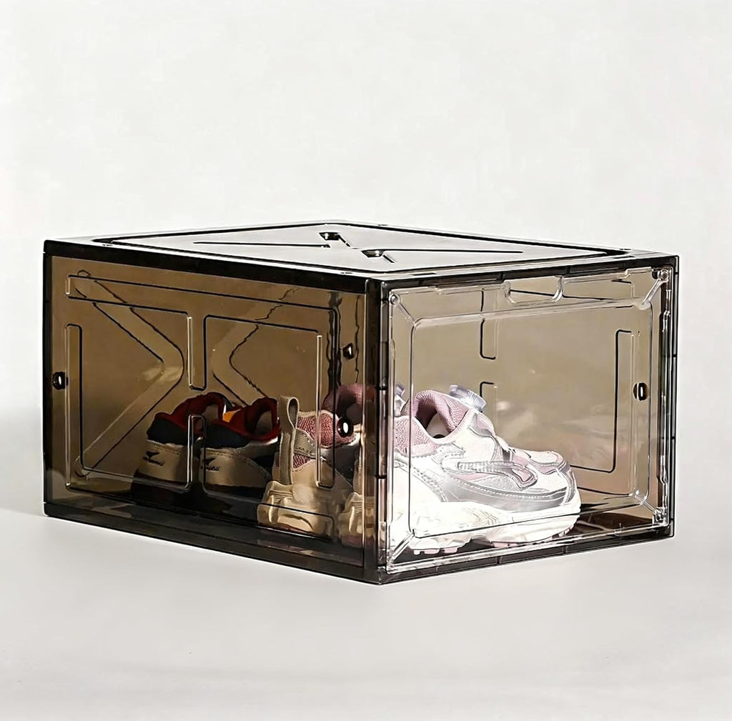 Translucent Black Shoe Storage Box, 2026 2nd Gen Thickened Hard Plastic Stackable Organizer with Magnetic Door, Folding Shoe Rack for Closet, Premium Sneaker Display Case, 1 Pack