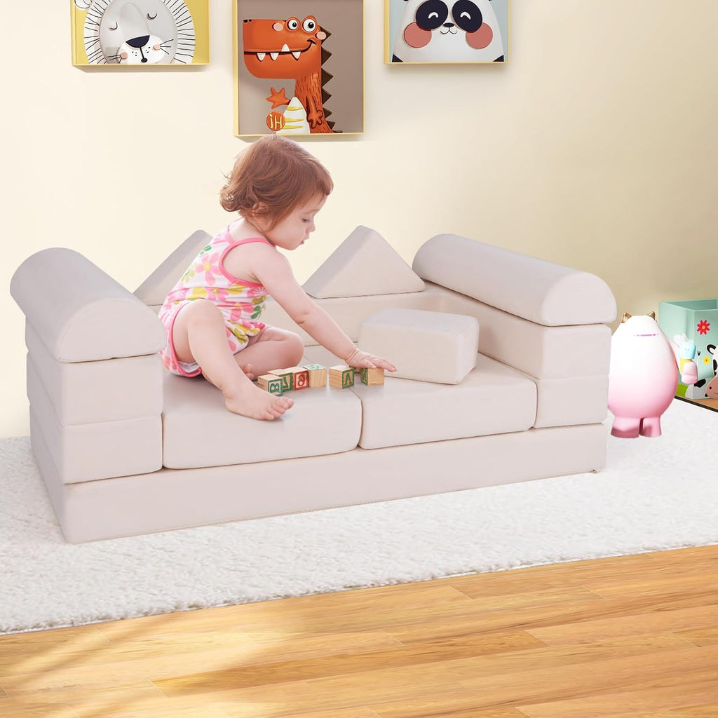 Costzon 9 Pcs Kids Play Couch, Versatile Building Fort Foam Play Couch for Boys & Girls, Crawling Floor Sofa for Sleeping, Convertible Soft Foam Playset for Kids Teen Playroom Bedroom Gifts