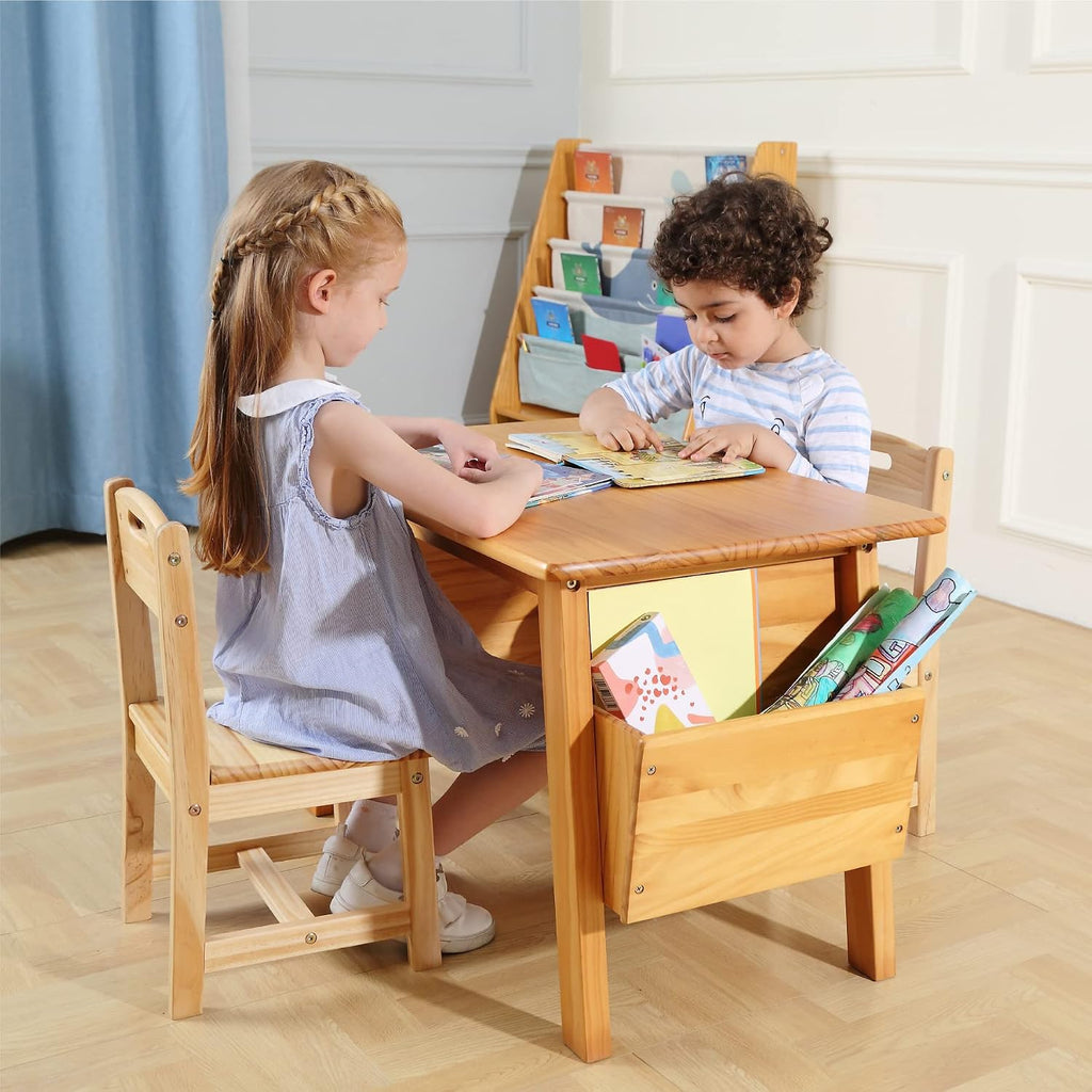 Kids Solid Wood Table and 2 Chair Set with Storage Desk and Chair Set for Children Toddler Activity Table (Solid Wood/Natural)