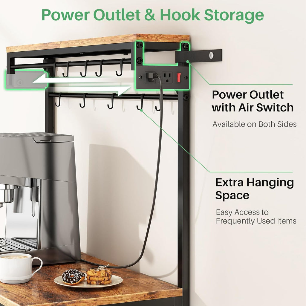 SNTD Bakers Rack with Power Outlet, Kitchen Shelves Microwave Stand with Wire Grid and 10 Hooks, 4 Tiers Coffee Stand (Rustic Brown, 21.7 x 14.2 x 49.6 Inches)