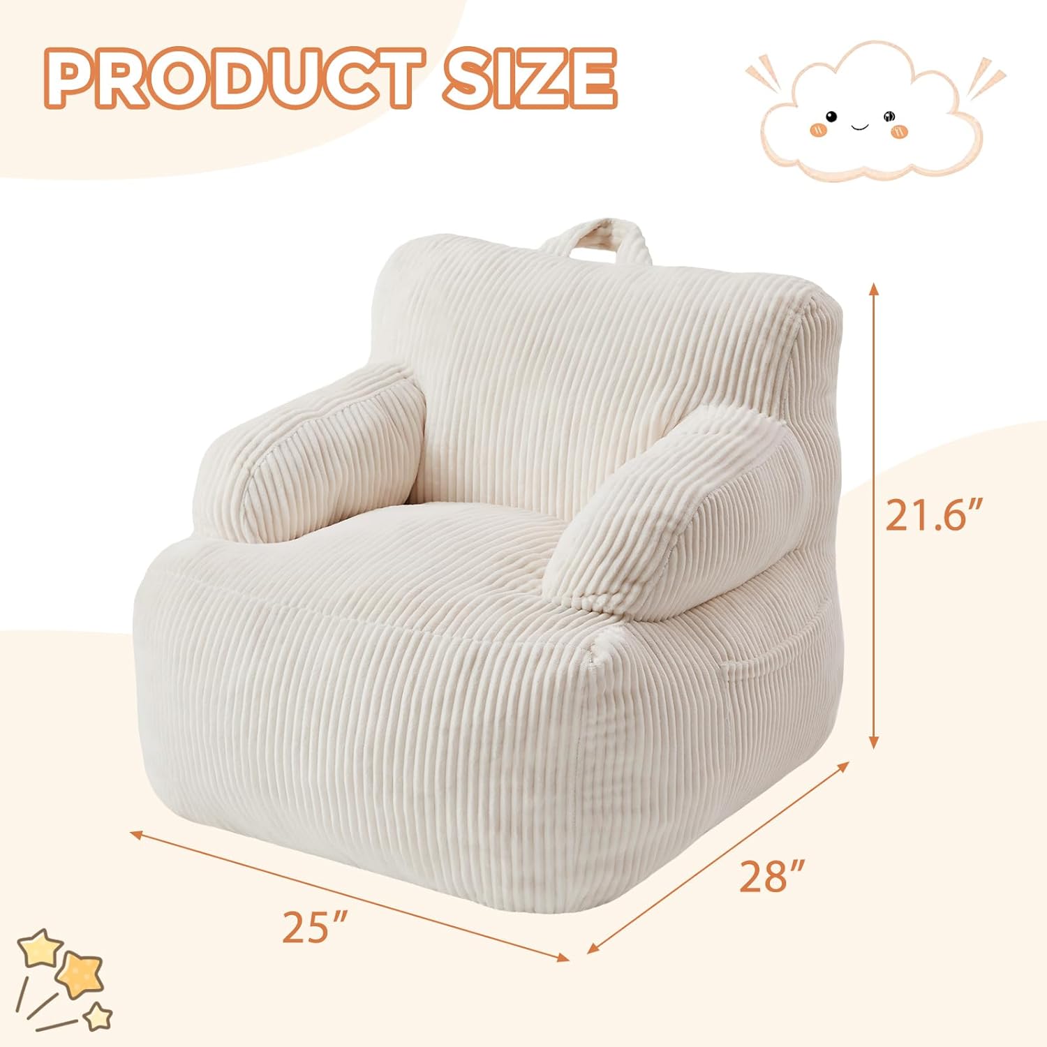 Bean Bag Chairs for Kids with Armrests, Comfy Kids Bean Bag Chair, Soft-Filled Cozy Bean Bag Sofa for Boys and Girls, Small Bean Bags for with Pocket, Floor Chair for Gaming, Reading & Relaxing, Beige