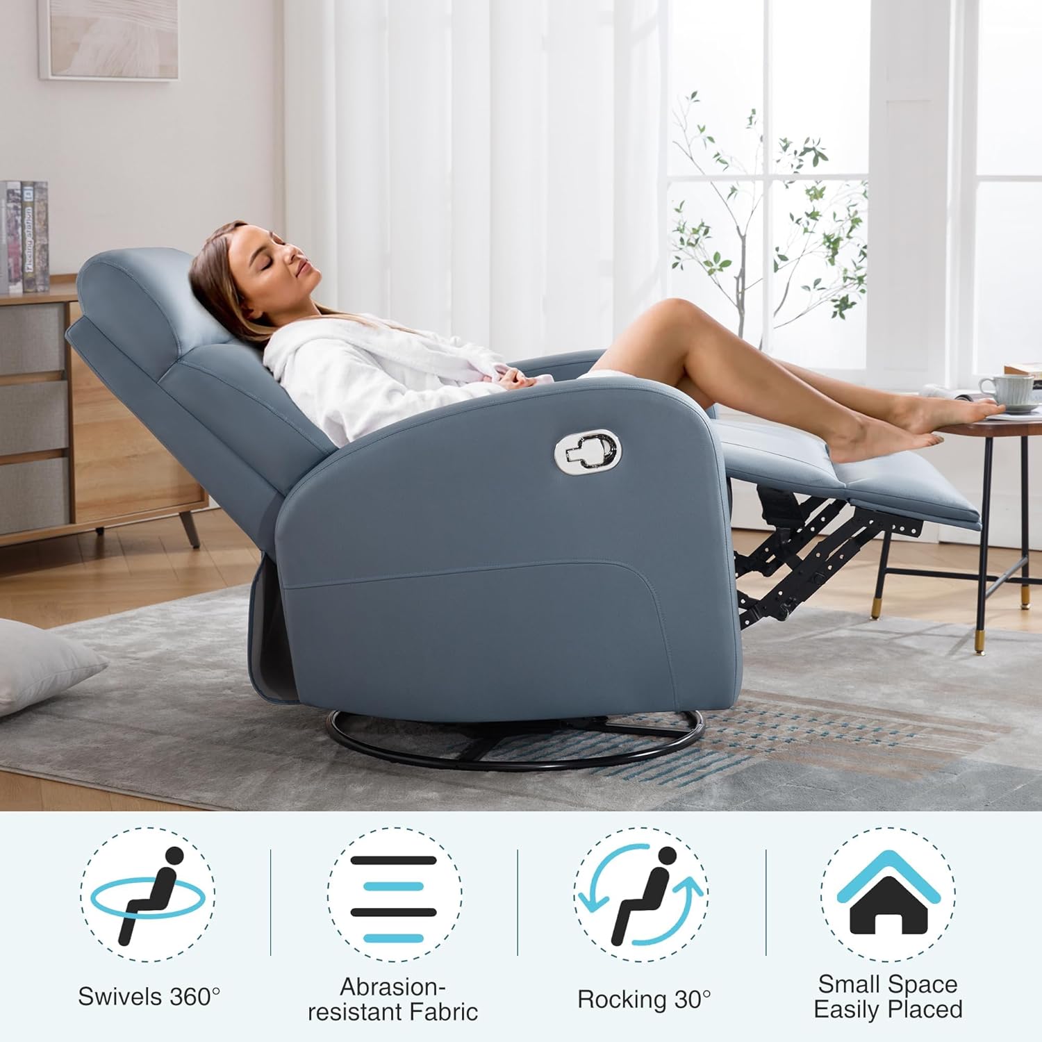 Swivel Rocker Recliner Chair, Manual Faux Leather Recliner, Glider Rocking Recliners 360°Swivel Nursery Reclining Chairs with Adjustable Headrest Highback for Living Room, Blue