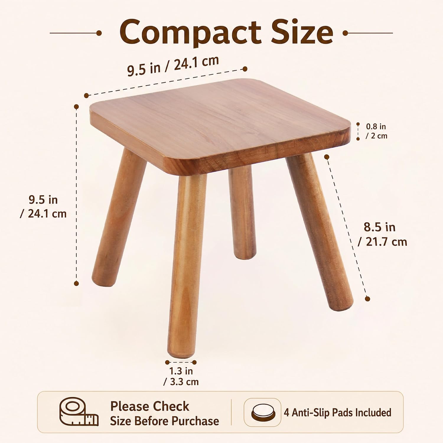 9.5 Inch Small Wooden Stool, Natural Wood Foot Stool with Non Slip Pads, Compact Square Stool for Bathroom Bedroom Entryway Plant Stand Shoe Changing