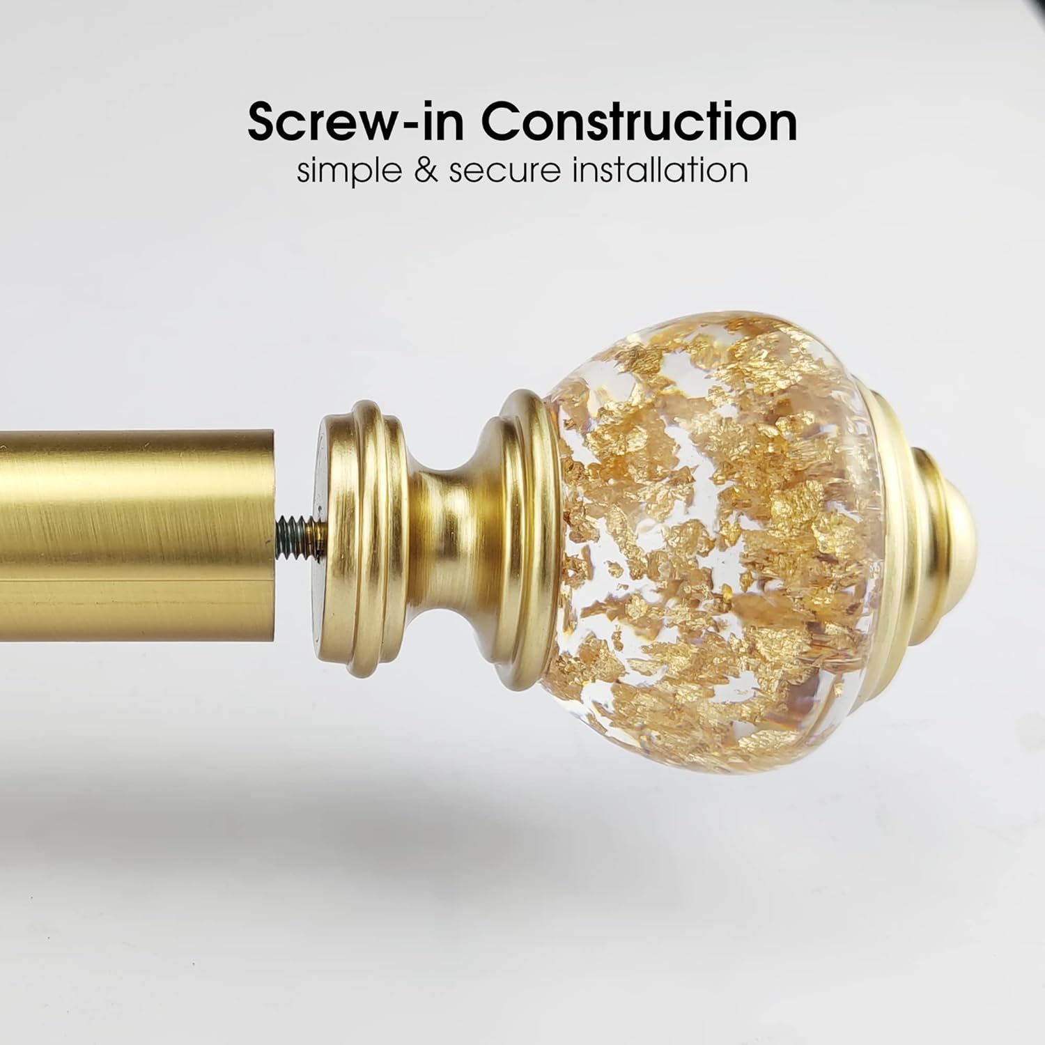 Decorative Curtain Rod Finials, Polyresin Round Gold Foiled Clear Finials, Set of 2, Compatible with 1 inch or 1-1/8 inch Dia Curtain Rod, Standalone Finial Pair