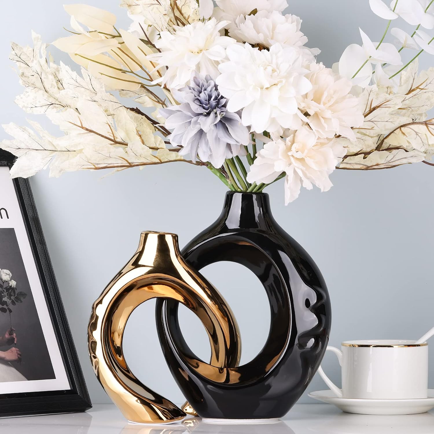 Black Gold Ceramic Vase Set of 2 for Modern Home Decor,Round Boho Vase for Pampas Grass,Neutral Minimalist Statue for Dining Room Table Centerpiece Dining Room,Wedding Table Decoration