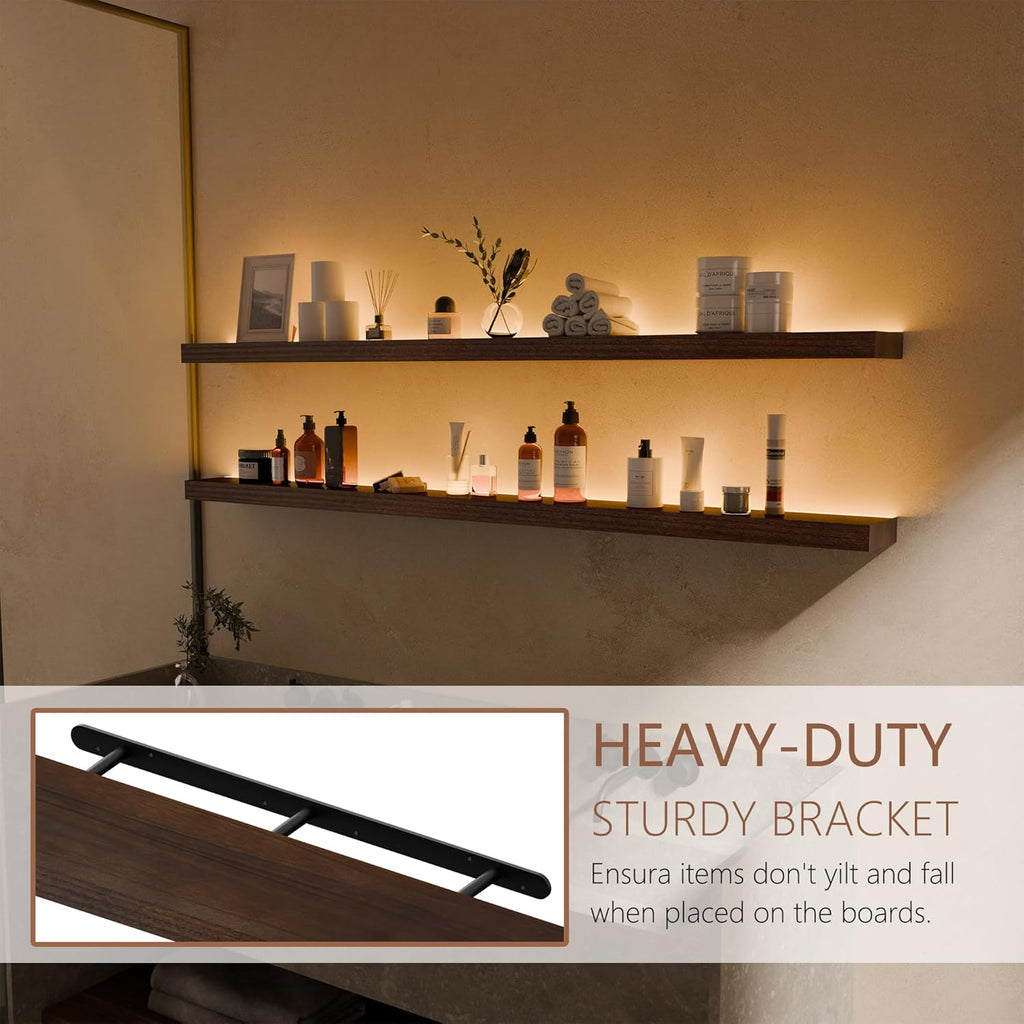 60 inch LED Gaming Floating Shelves for Wall,Solid Wood Long Wall Shelves Set of 2 with Light for Gaming Room,Walnut Rustic Wall Mounted Shelves for Living Room Bedroom Kitchen Garage