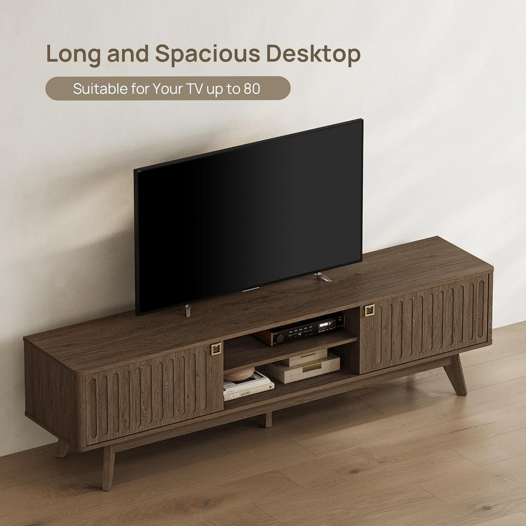SICOTAS 70" Long TV Stand for Living Room, Modern TV Stand Entertainment Center with 2 Storage Cabinets, Mid Century Fluted-Door Media Console Table for 50/60/70/80 Inch TV, Coffee Oak