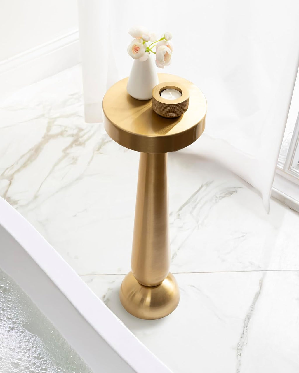 Kate and Laurel Saxena Modern Round Metal Drink Table, 8 x 8 x 24, Gold, Metal Martini Table with Pedestal Design for Use as Small Indoor Plant Stand or Living Room Accent