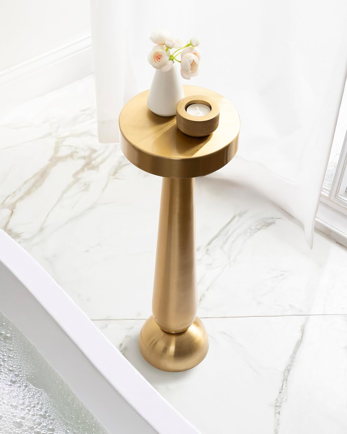 Kate and Laurel Saxena Modern Round Metal Drink Table, 8 x 8 x 24, Gold, Metal Martini Table with Pedestal Design for Use as Small Indoor Plant Stand or Living Room Accent
