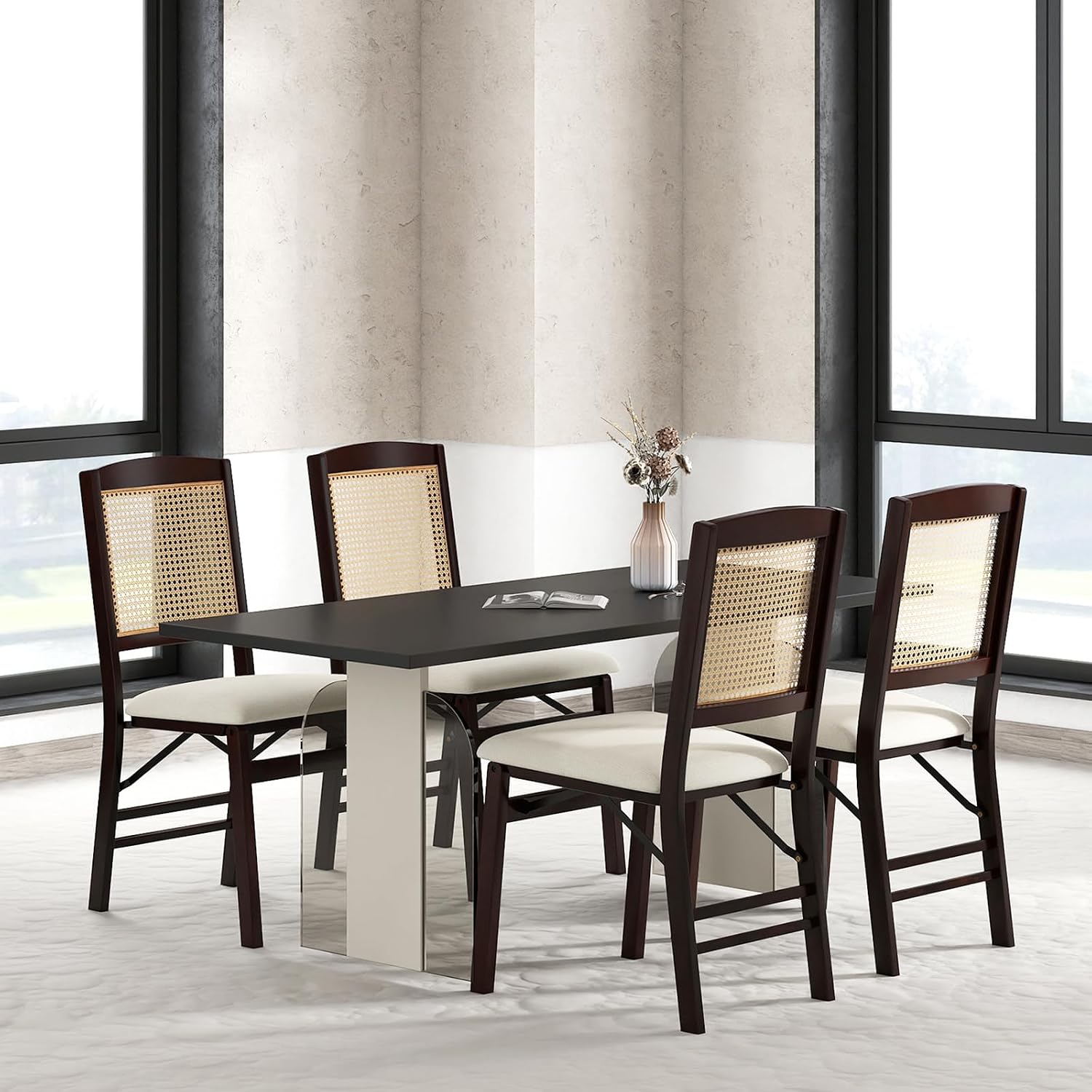 GOFLAME Folding Dining Chairs Set of 2, Linen Fabric Upholstered Kitchen Chairs with Padded Seat and Rattan Backrest, Rubber Wood Legs, Foldable Chairs for Dining Room, Living Room, Espresso