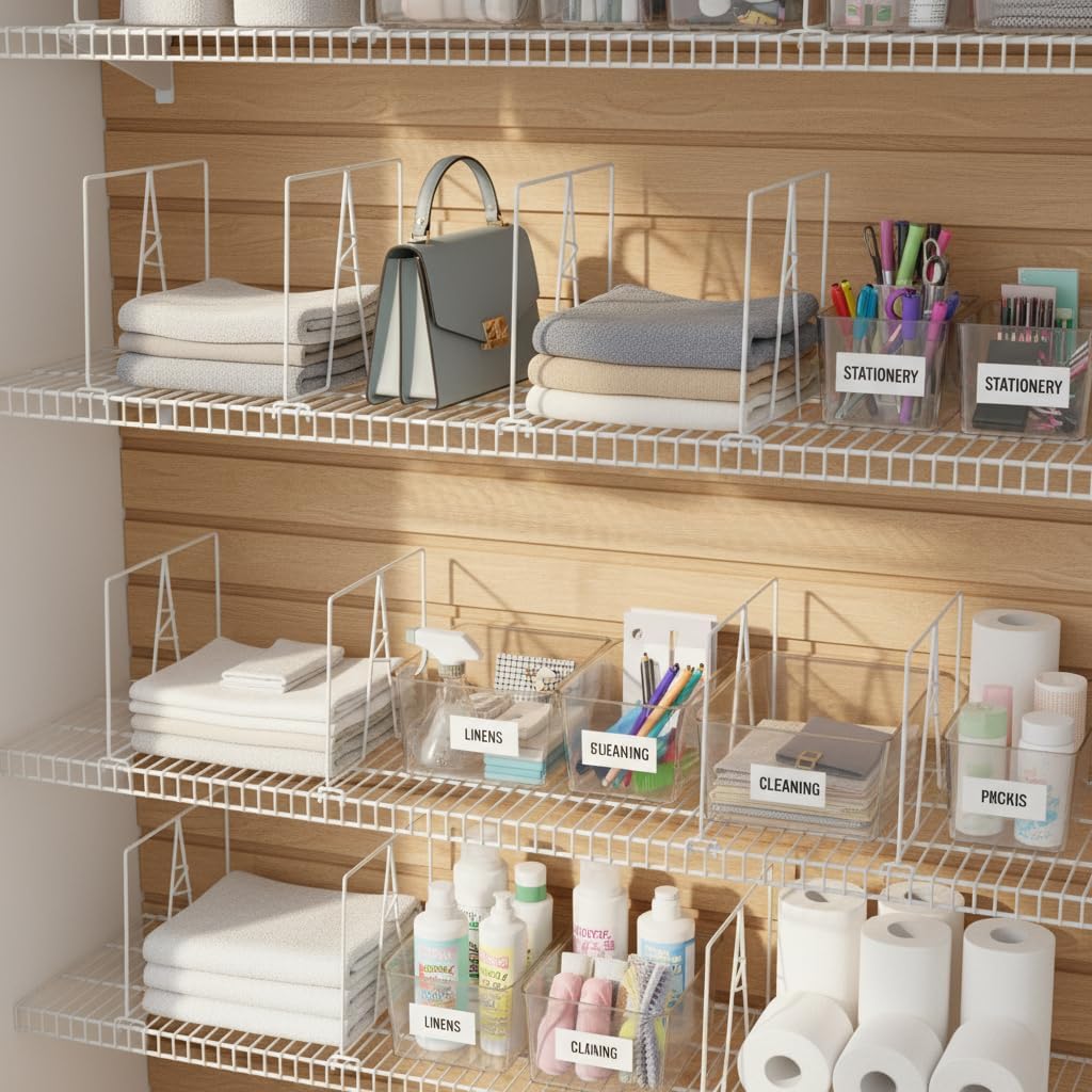 Wire Shelf Dividers - White Closet Organization & Storage Organizer - No Tool Shelf Divider for Wire Shelves - Metal Shelf Accessories – for 12“ Deep Wire Shelves – Tall 12” Height – 8 Pack