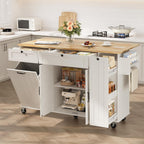 Kitchen Island with Storage, Island Table for Kitchen with Drop Leaf and Power Outlet, Rolling Kitchen Island with Trash Cabinet, Spice Rack & Towel Rack, White