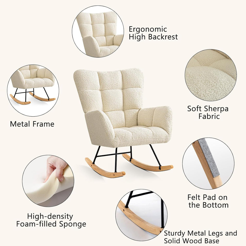 Furniliving Nursery Rocking Chair Upholstered Glider Rocking Chair Modern Accent Chair Padded Seat Reading Chair with High Backrest Comfy Chair for Living Room, Bedroom, Nursery, White, Teddy