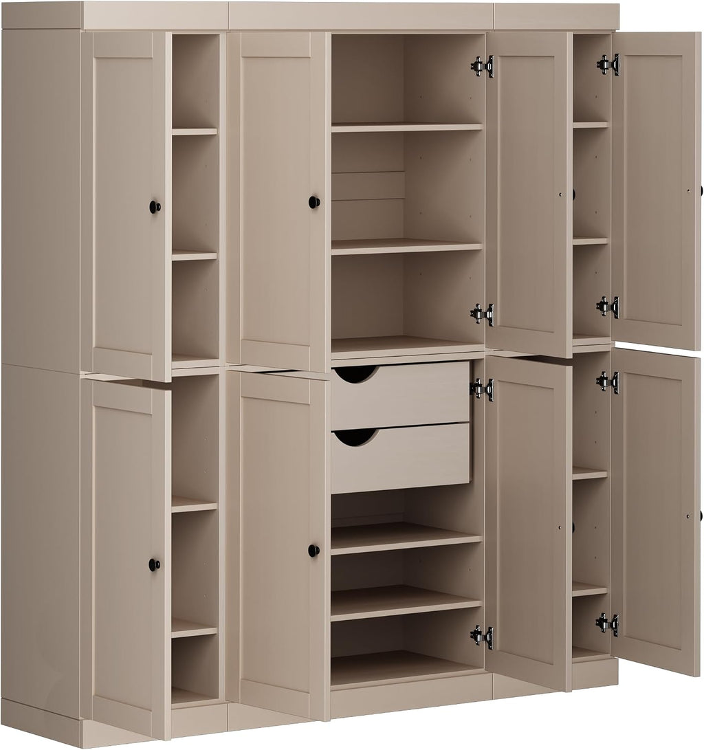 Palace Imports Solid Wood Pantry Cabinet – 71.5" Tall x 65" Wide - Wooden Storage Cabinet w/ 8 Shaker Doors, 2 Drawers, 12 Adjustable Shelves - Kitchen Cupboard - Beige, 100% Eco-Friendly Pine Wood