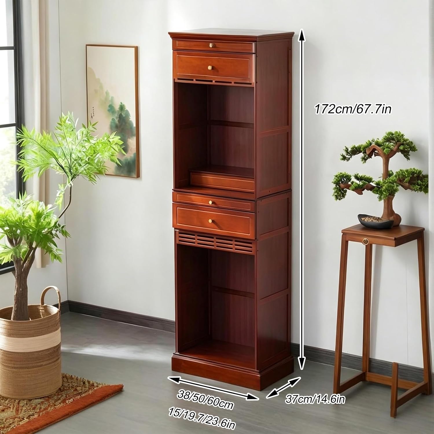 Altar Table, Freestanding Bamboo Storage Cabinet with Drawers, Floor-Standing Wooden Display Table with Shelves, for Living Rooms, Shrines, Temples(Brown,38 * 37 * 172cm/15 * 14.6 * 67.7in)