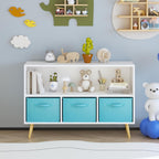 Bookcase with Collapsible Fabric Drawers, Book Display, Toy Storage Cabinet Organizer, White,Blue