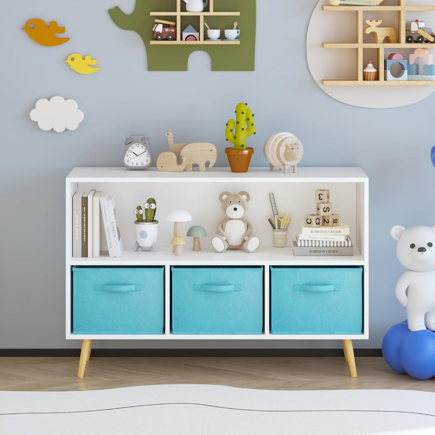Bookcase with Collapsible Fabric Drawers, Book Display, Toy Storage Cabinet Organizer, White,Blue