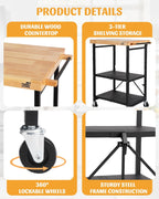 Mythinglogic Foldable Kitchen Storage Cart, 3-Tier Rolling Cart with Solid Oak Top, Heavy-Duty Metal Utility Rack for Microwave, Pots, Dish Set, Meal Prep Area, Kitchen Island on Lockable Wheels