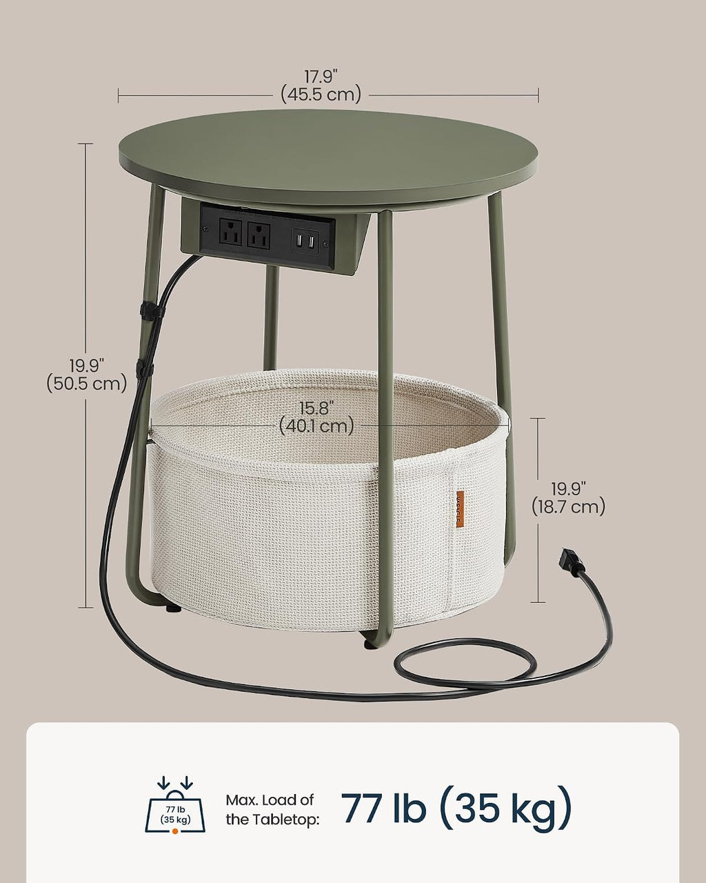SONGMIC HOME Round Side End Table, Nightstand with Charging Station and Fabric Basket, for Living Room, Green and White