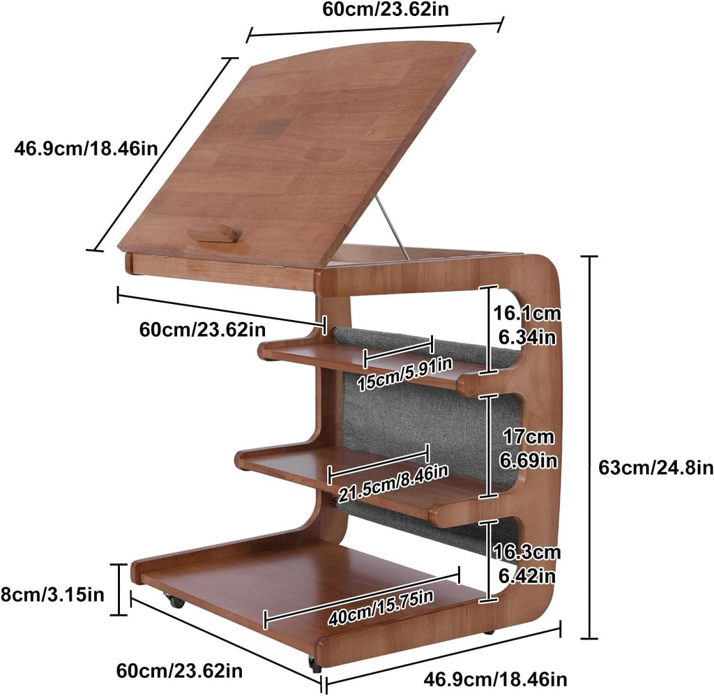 C-Shaped End Table with 2 Lockable Wheels 4-Tier Small Side Table with Storage Bag Adjustable Desktop 360 Degree Swivel TV Tray for Living Room Bedroom Use (Natural Wood Color 60CM)