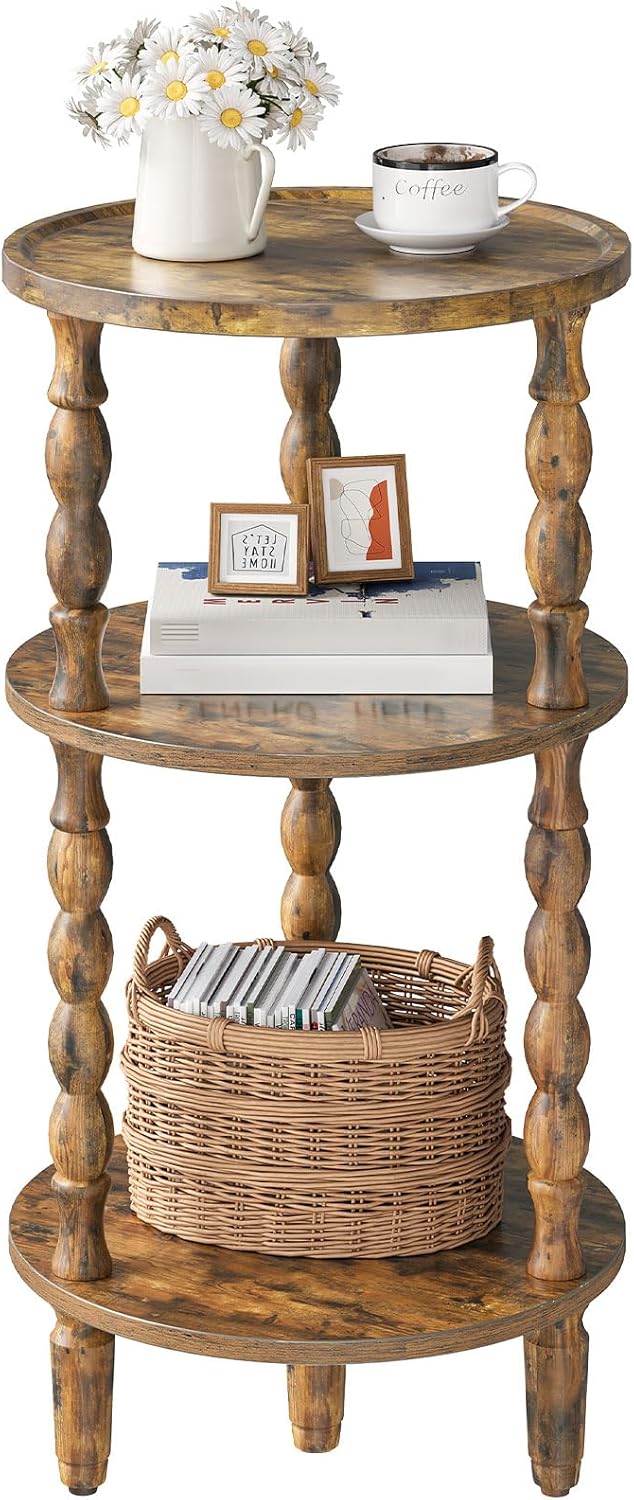 HOOBRO Round Side Table for Small Space, 3-Tier Small Round End Table with Rubberwood Leg, Accent Bedside Table, Circle Nightstand, Living Room, Bedroom, Sofa Couch, Rustic Brown FG218BZ01