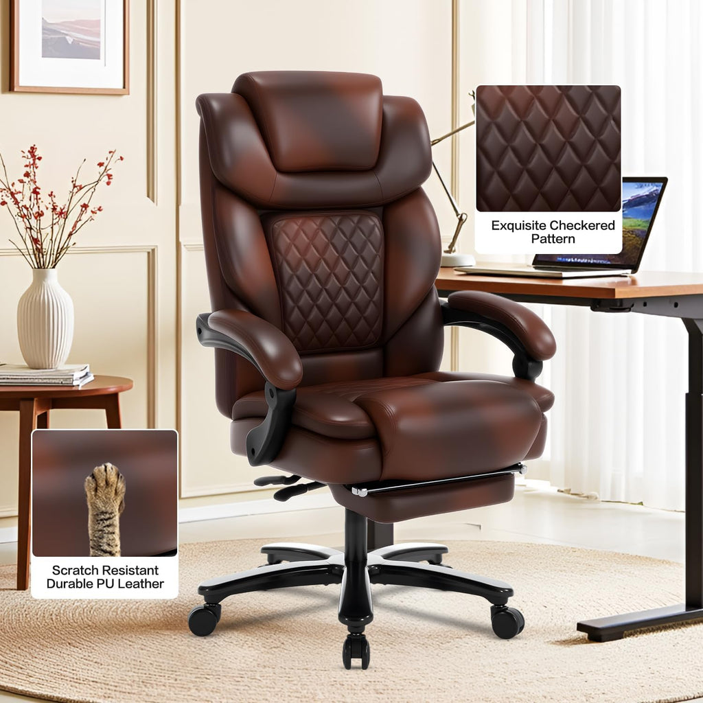 Big and Tall Recliner Office Chair with Footrest, Wide Seat Heavy Duty Reclining Office Desk Chair for 500lbs Heavy People, Black Brown