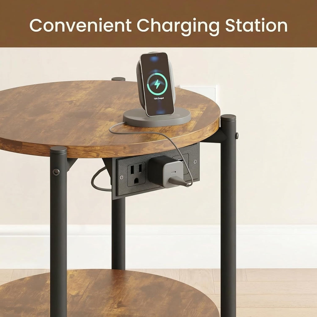 LIKIMIO Round End Table with Charging Station, 15.8" Side Table for Small Spaces, 2-Tier Industrial Nightstand with 77 lbs Load Capacity, Rustic Brown