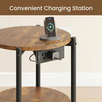 LIKIMIO Round End Table with Charging Station, 15.8" Side Table for Small Spaces, 2-Tier Industrial Nightstand with 77 lbs Load Capacity, Rustic Brown