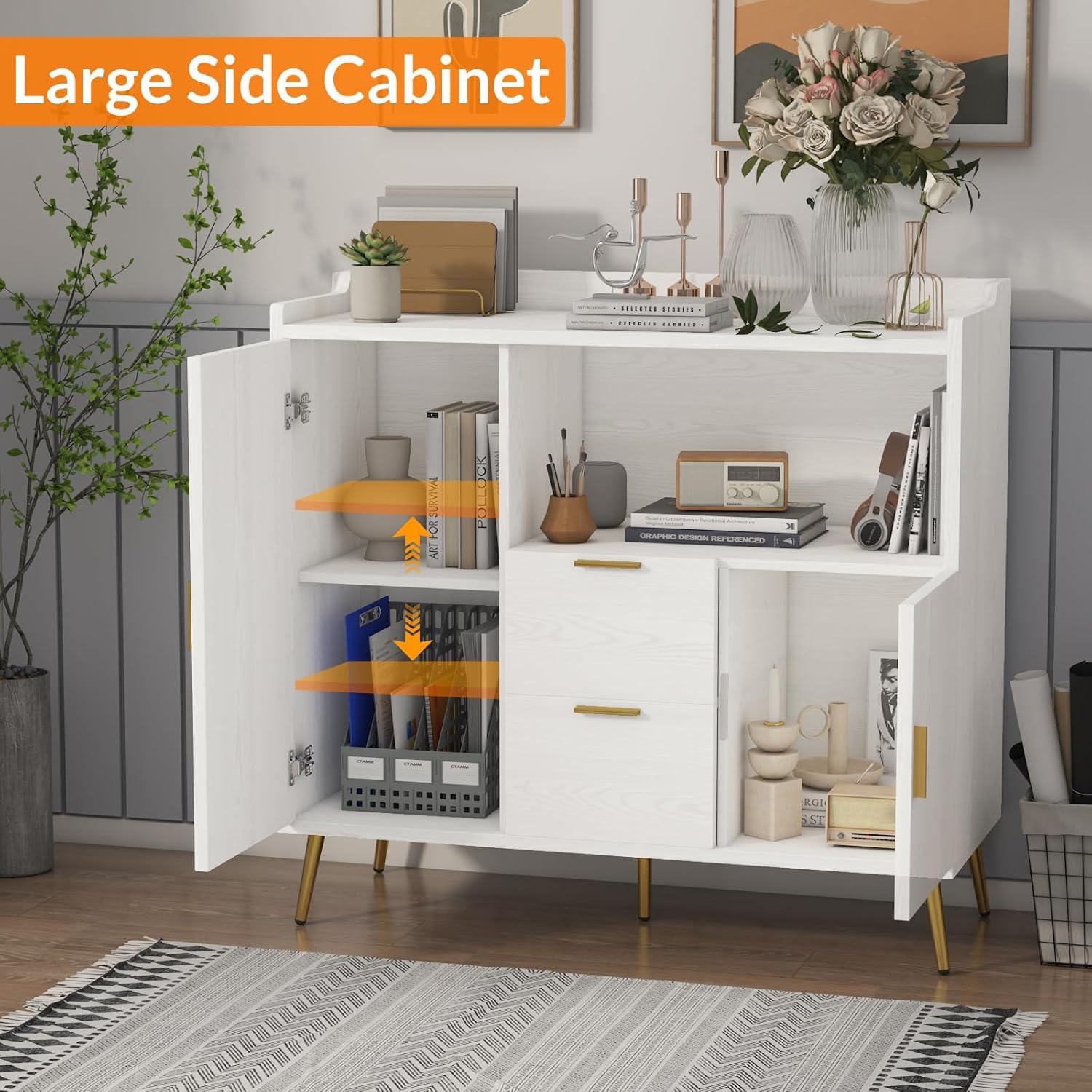 40 Inch Sideboard Buffet Cabinet with Storage & Drawers, Sturdy Wood Kitchen Cabinet with Waterproof Surface for Easy Maintenance