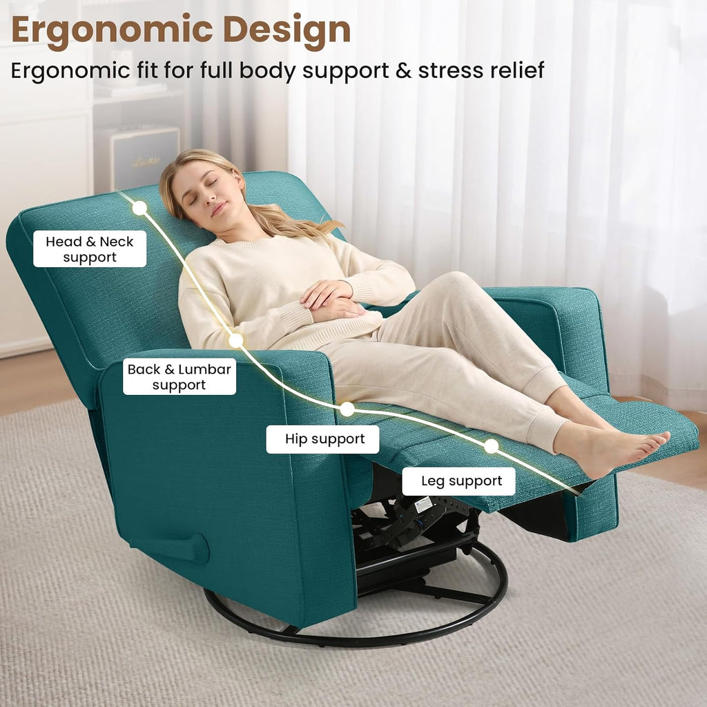 Swivel Rocker Recliner Chair, 360°Swivel Nursery Chair for Adults, Manual Reclining 30°Rocking Glider with Linen Fabric, Solid Wood & Metal Frame, Living Room, Bedroom