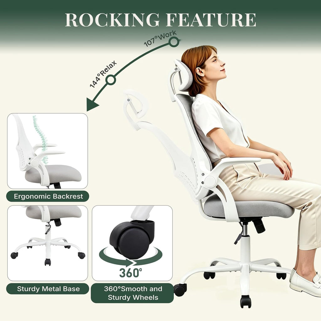 Ergonomic Office Chair, Comfy Desk Chair with Wheels, Adjustable Headrests, Flip-Up Armrests, Breathable Mesh High-Back, Comfortable Swivel Seating for Home Computer, Grey