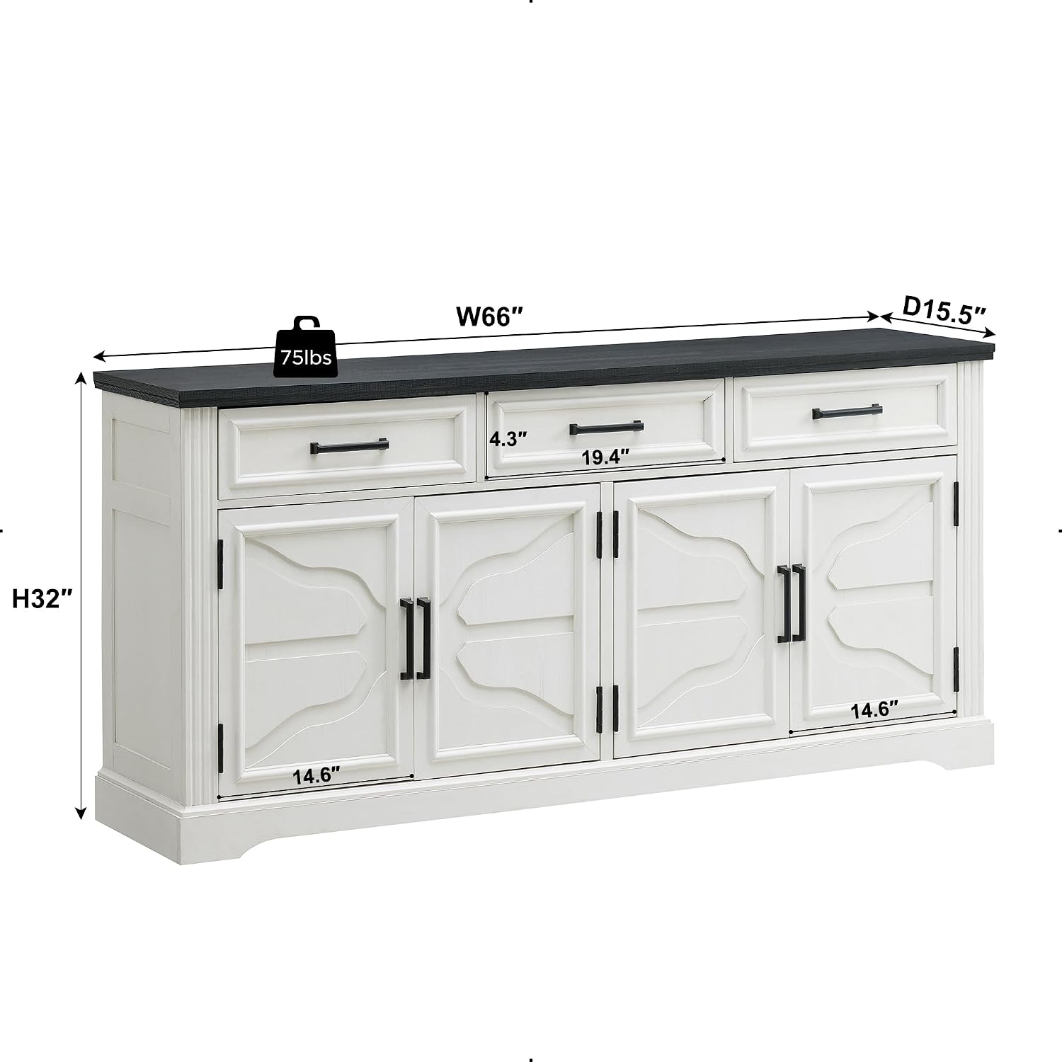JXQTLINGMU 66" Farmhouse Buffet Cabinet with Storage, Sideboard Credenza, Carved Cloud-Inspired Doors, 3 Drawers & Adjustable Shelves, Coffee Bar Cabinet, Off White