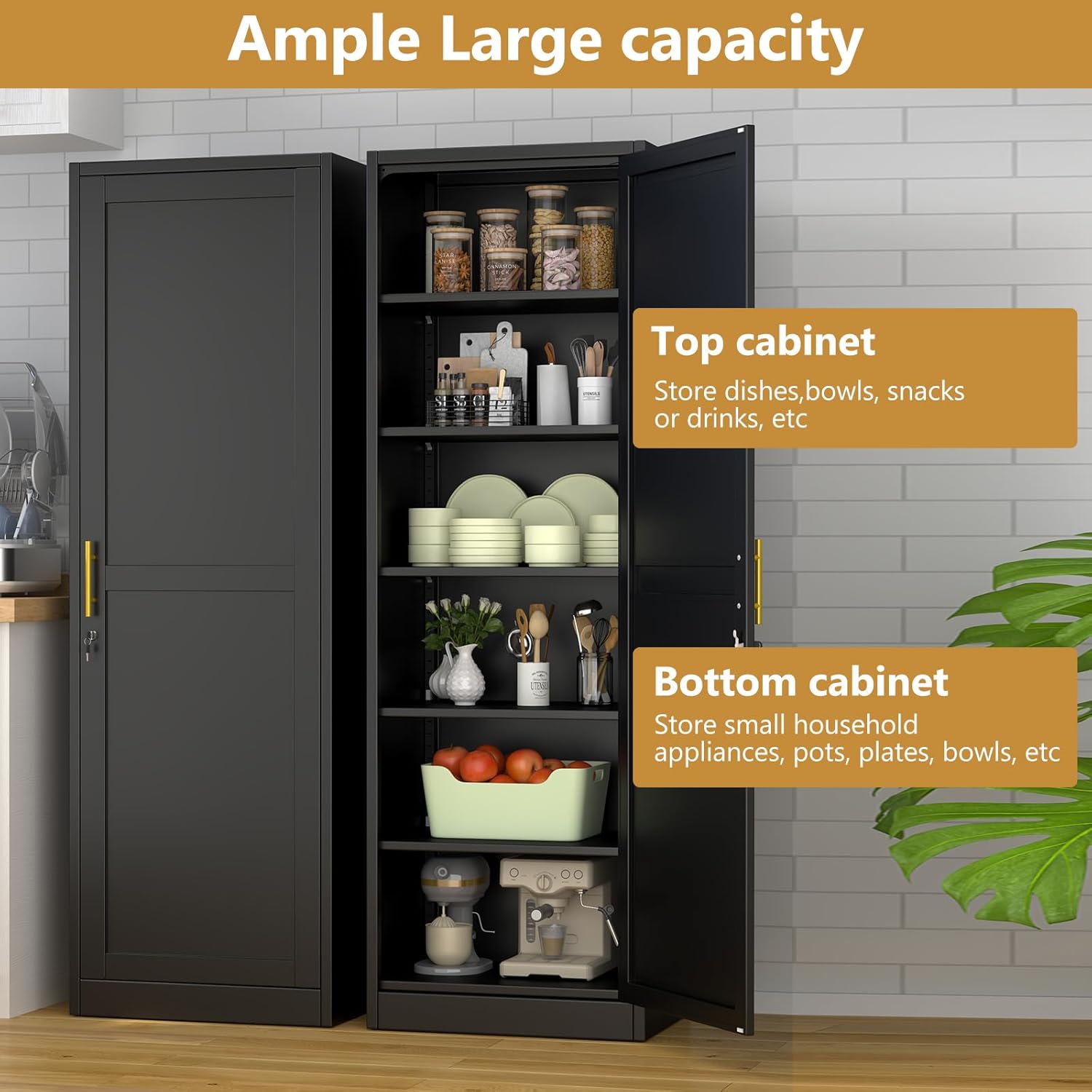 Tall Narrow Slim Metal Storage Cabinet with Lock and 5 Adjustable Shelves,Steel File Cabinets,Kitchen Pantry Cabinet Locker Organizer - 67" Storage Cabinets for Bathroom,Bedroom,Office,Black