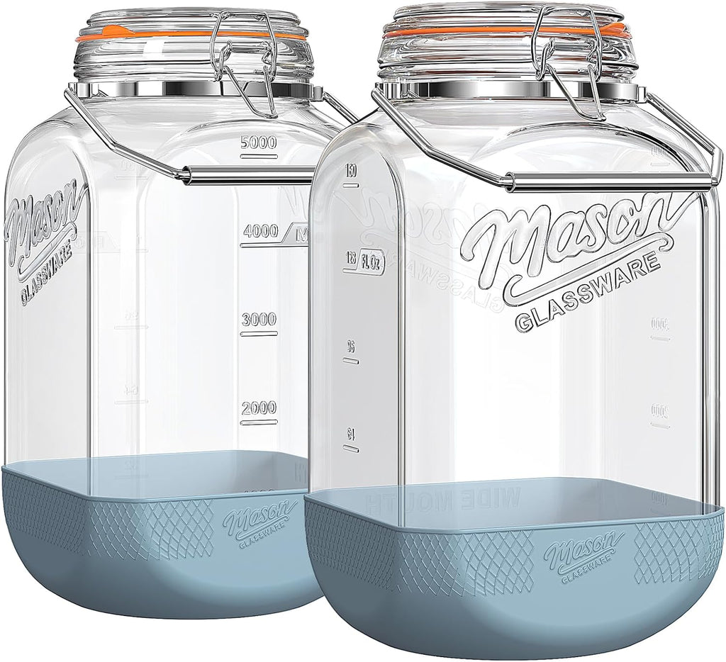 [NEW] 2 Pack Square 1.5 Gallon Glass Jar with Hinged Airtight Lid, Large Mason Jars Wide Mouth with Handle, Glass Storage Containers with Non-slip Base for Pantry, Laundry Room, Flour, Rice, Dog Treat