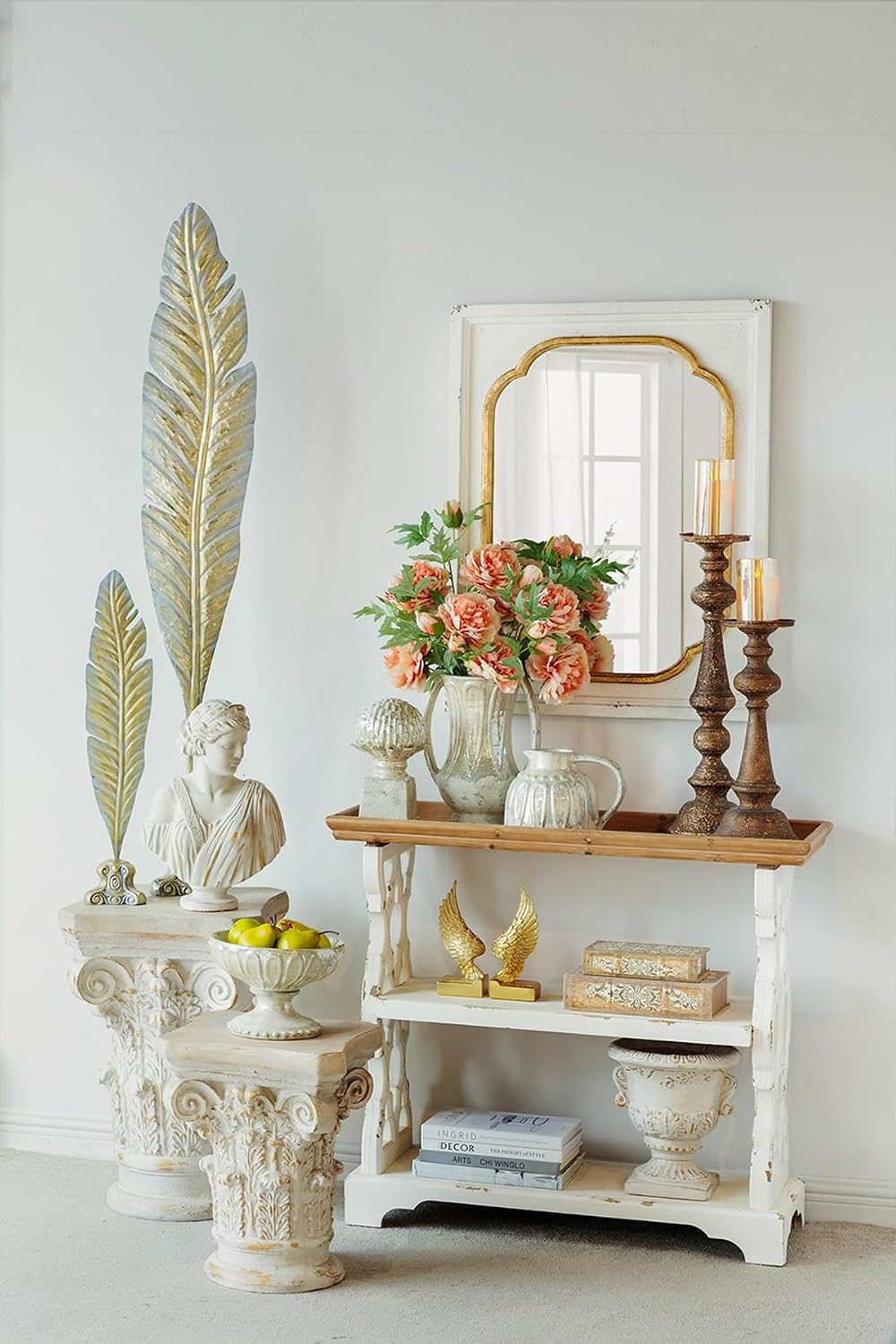Small Side Table for Living Room, Farmhouse Rustic French Country MGO Pedestal Stand Ornate with Scrollwork Design and Gold Accents, Square Distressed Display Stand White 16x16x24.5