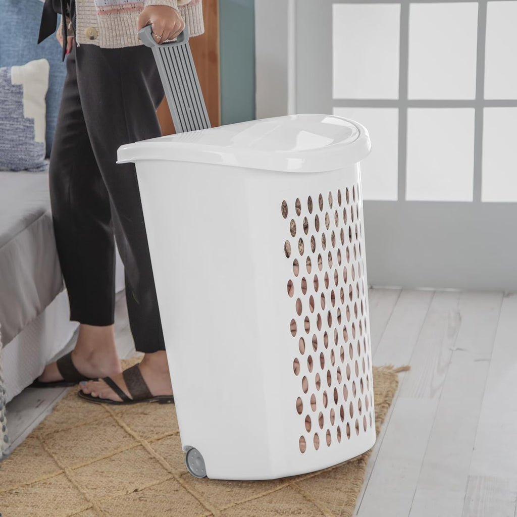 Wheeled Laundry Hamper, Plastic, 2 Bushel Capacity, Retractable Handle, Flip-Top Lid, Portable, for Apartments and Dorm Rooms