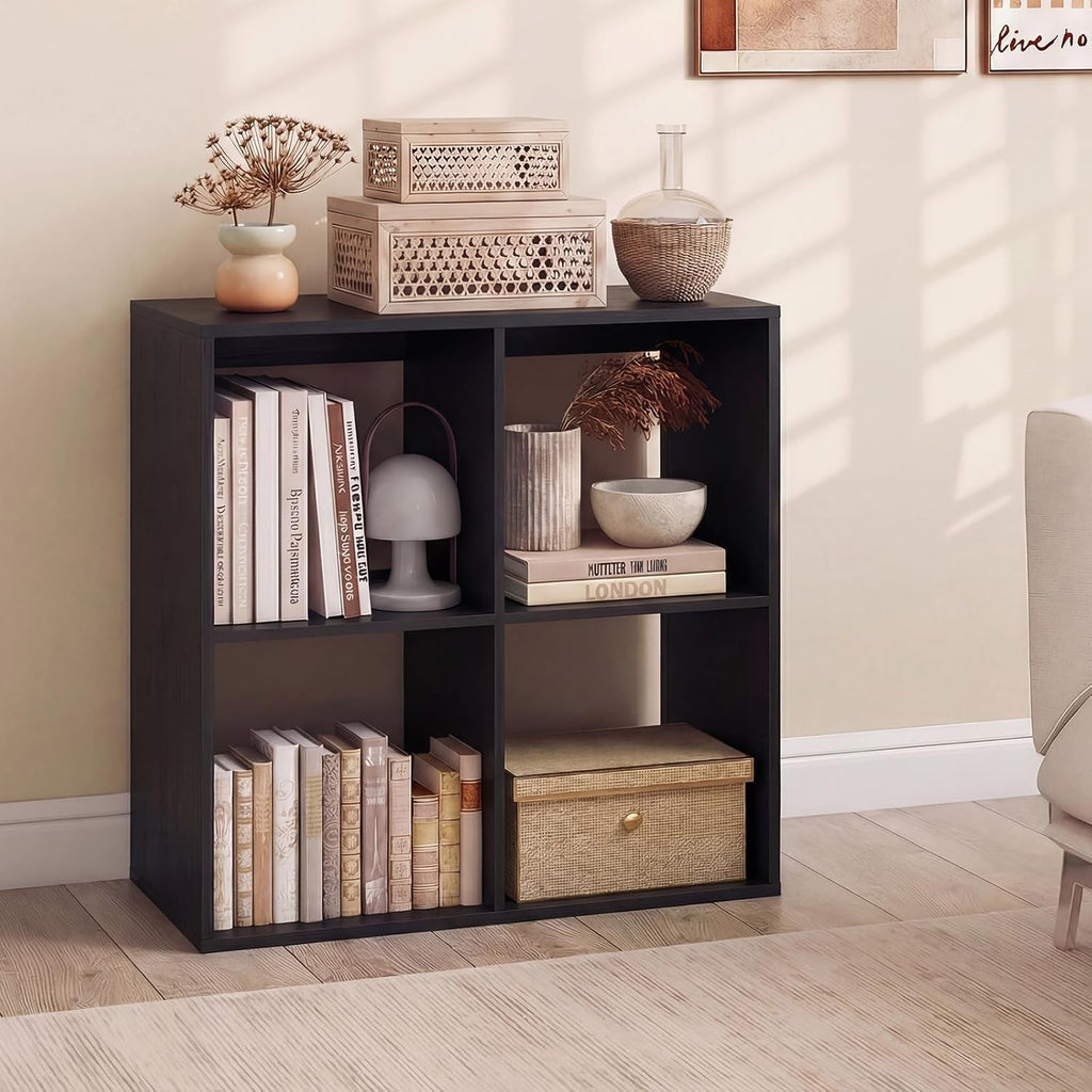 POWERSTONE 4 Cube Storage Organizer, 2 Tier Cubby Bookshelf Freestanding Bookcase w/Back Guardrail, Open Back Display Rack for Living Room, Bedroom, Study, Black