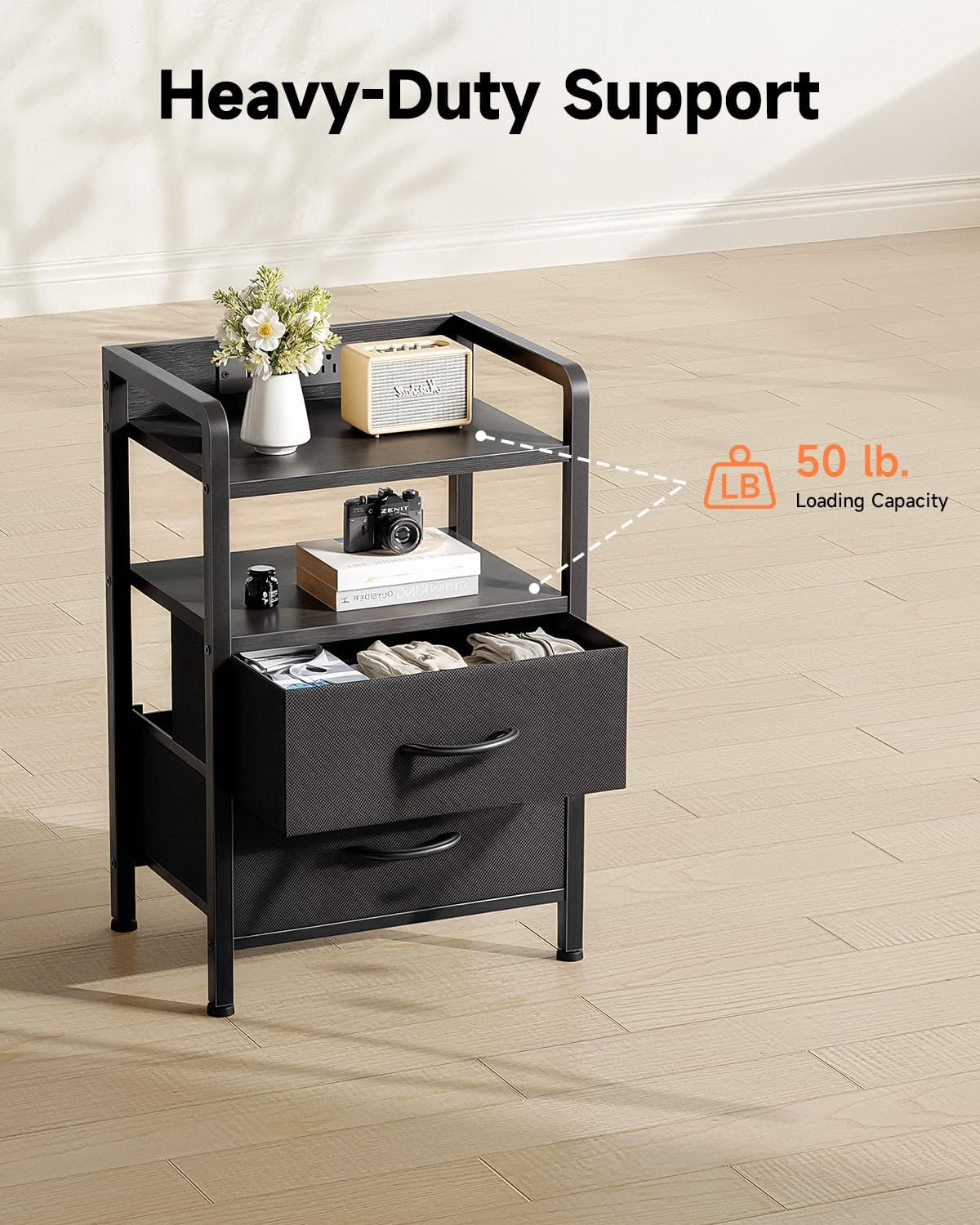 Lazzanto Nightstand with Rear Charging Station, LED Light, 2 Drawers, Black | Industrial Nightstand, 2 USB-A Ports & AC Outlets, Raised Back Guard, Fabric Storage Drawers, Bedside Table for Bedroom, Dorm