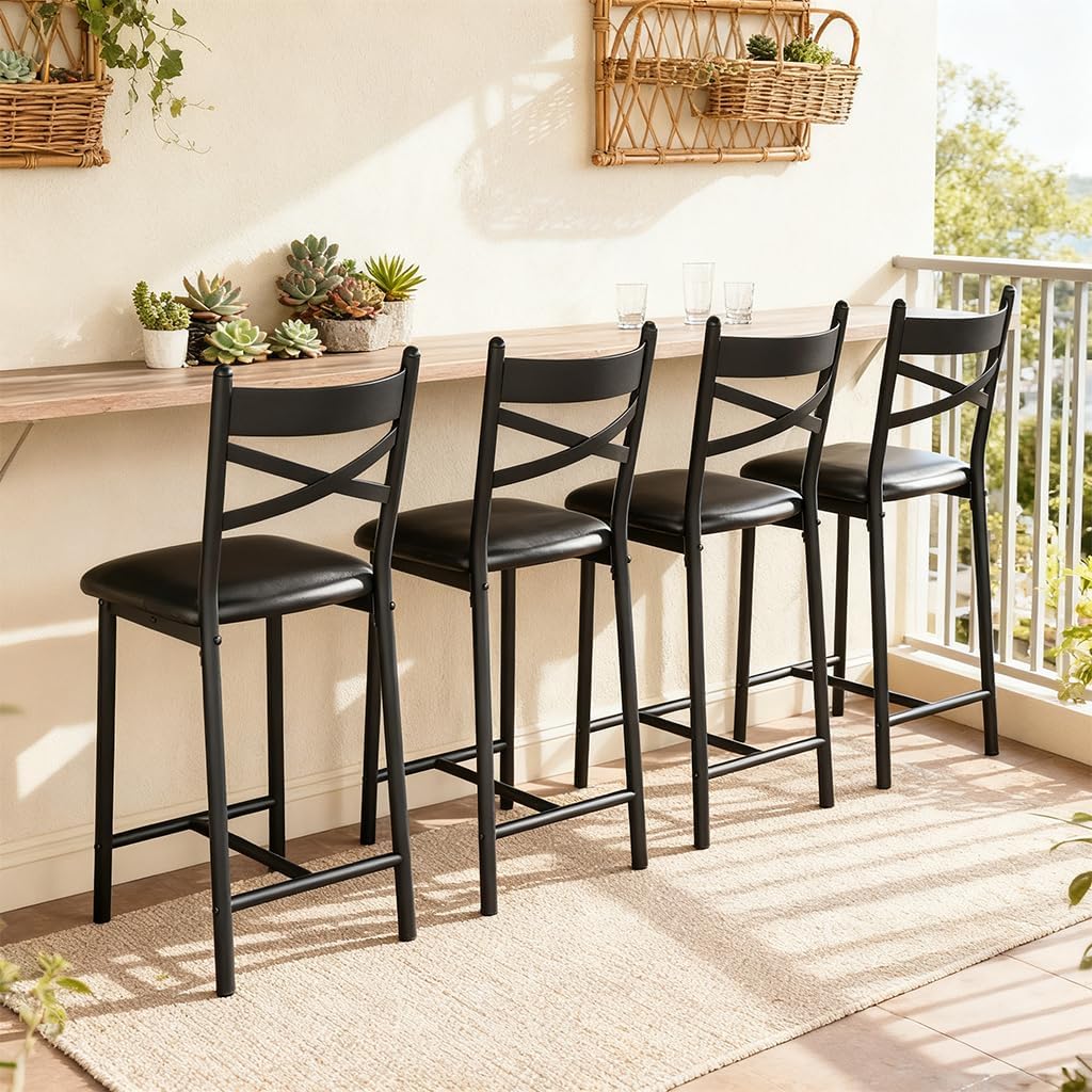IDEALHOUSE 26 Inch Bar Stools Set of 4, Upholstered Bar Chairs with Back, Thick Cushion, Counter Height Barstools for Kitchen Island Apartment Counter Bar (4)