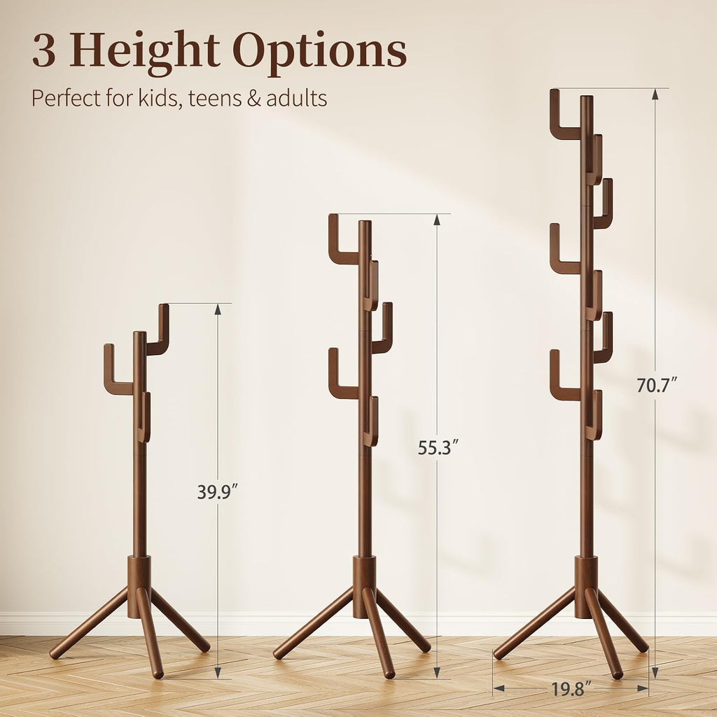 Yoobure Solid Wood Coat Rack - Cactus Coat Tree Freestanding with 8 Hooks, Coat Hanger Stand with 3 Adjustable Sizes for Jacket, Hat, Clothes Stands for Hall, Entryway, Bedroom, Office, Living Room