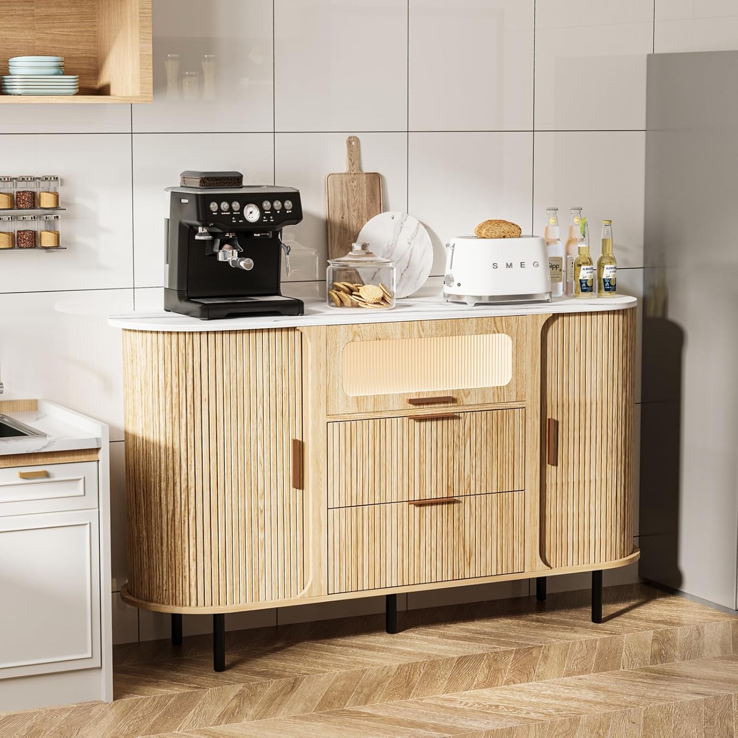 54" Fluted Sideboard Buffet Cabinet with Storage, Mid Century Coffee Bar with LED Light & Slide Doors, 2 Drawers, Modern Storage Cabinet for Kitchen, Living Room, Faux White Marble Top, Oak