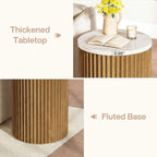23.6-inch Round Side Table with Faux Marble Top, Drum Shape & Fluted Base - Stylish Small Nightstand for Living Room & Bedroom Decor Brown & White