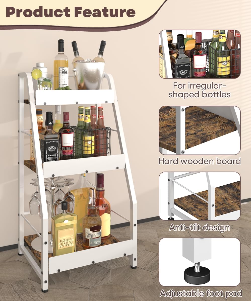 3-Tier Liquor Stand for Home Bar, Trapezoid Freestanding Whisky Bottle Holder with Fences, Stepped Versatile Liquor Bottle Display Shelf, Corner Floor Bar Stand for Liquor Storage, White