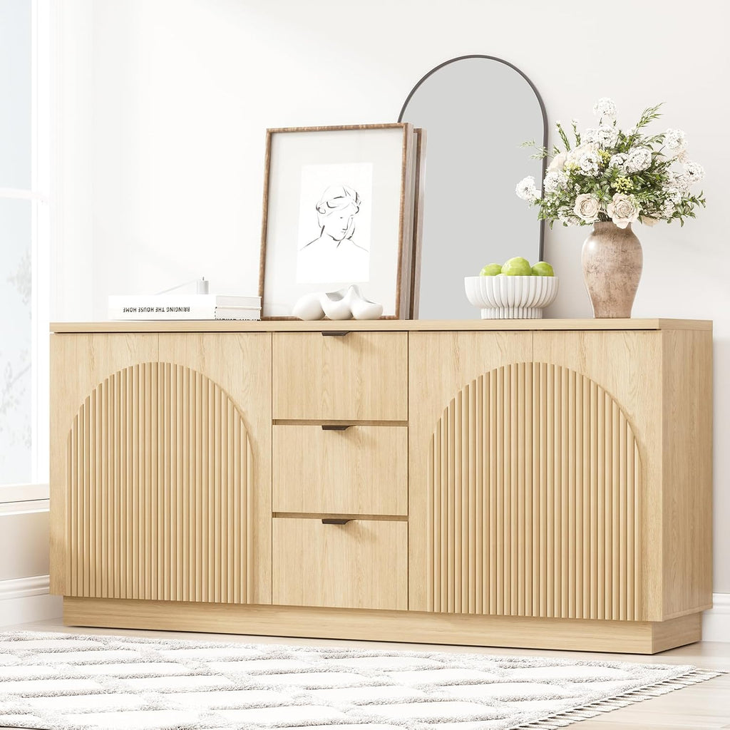 Yechen 67" Fluted Sideboard Buffet Cabinet with 4 Arched Reeded Design Doors &3 Drawers, Mid Century Modern Credenza Storage Cabinet with Adjustable Shelves, for Living Room Dinning Hallway