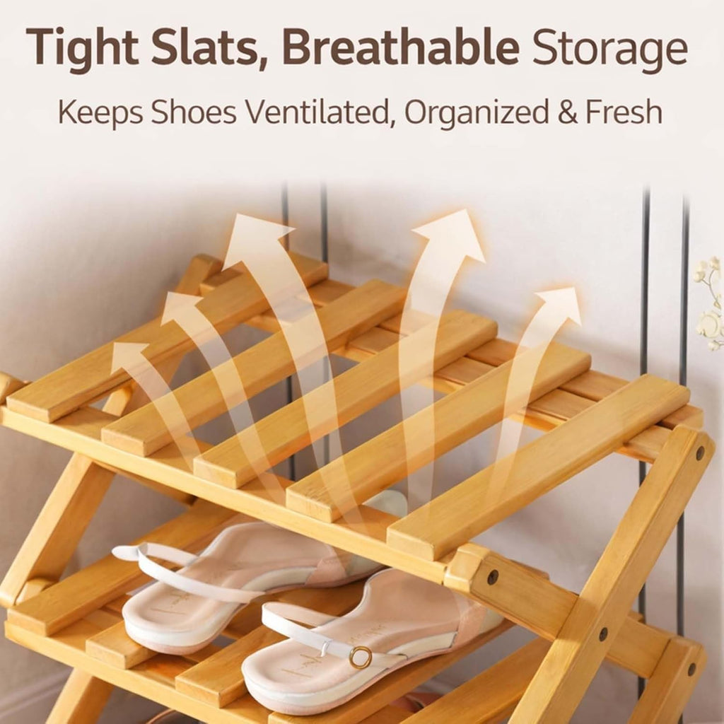 The 9-Tier No-Assembly Bamboo Rack, Foldable Accordion Corner Shoe Shelf, Collapsible Vertical Shoe Organizer with 3–9 Tier Options for Entryway,Closet and Small Spaces (Wood, 6 Tier)