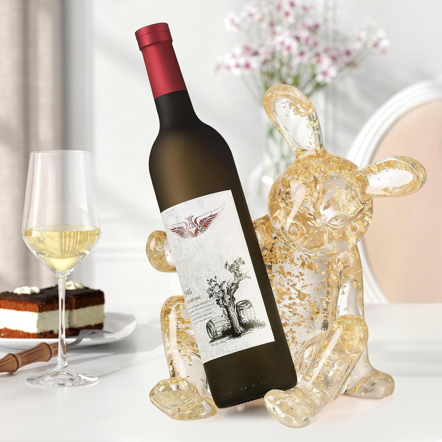 Tabletop Wine Racks,Rabbit Wine Holder Countertop, Crystal Clear Resin Bunny Wine Rack, Cute Wine Bottle Stand for Kitchen Bar, Gift for Wine Lovers (Gold)