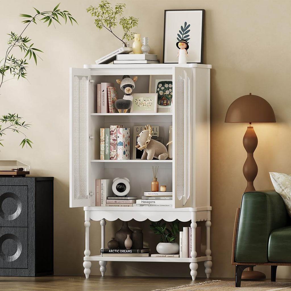 ECACAD 62.2" H Vintage 4-Tier Kitchen Pantry Freestanding Accent Storage Cabinet with Embossed Glass Doors, Solid Wood Legs & Bottom Shelf for Dining Room, White