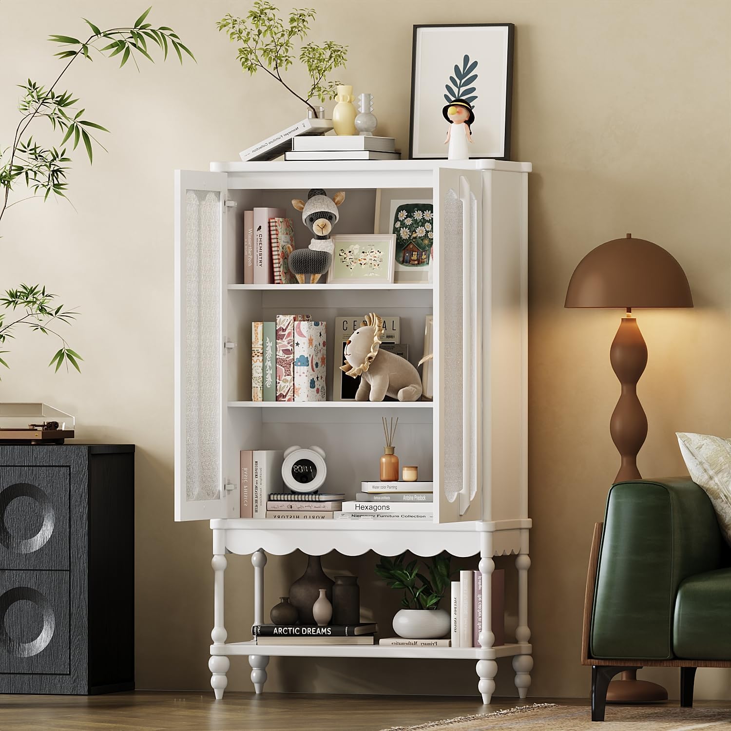 ECACAD 62.2" H Vintage 4-Tier Kitchen Pantry Freestanding Accent Storage Cabinet with Embossed Glass Doors, Solid Wood Legs & Bottom Shelf for Dining Room, White
